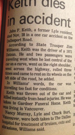 Accident and Death Report in The Goldendale Sentinel of John F. Keith