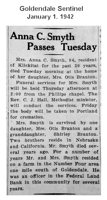 Anna C. Smyth Passes Tuesday - Jan 1 1942 pg 1