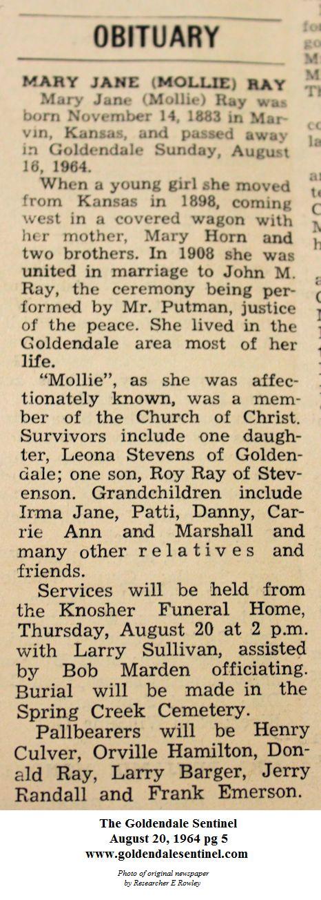 Death notice of Mollie Ray